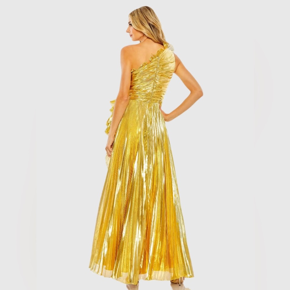 MAC DUGGAL Gold One Shoulder Pleated Ruffle Gown with Slit - Picture 3 of 17
